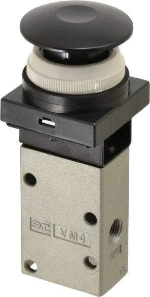 SMC PNEUMATICS - 0.38 CV Rate, 1/4" NPT Inlet Mechanical Valve - 3 Way, 3 Ports, Push Button Mushroom - USA Tool & Supply