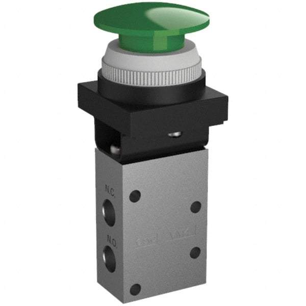 SMC PNEUMATICS - 0.38 CV Rate, 1/4" NPT Inlet Mechanical Valve - 3 Way, 3 Ports, Push Button Mushroom - USA Tool & Supply