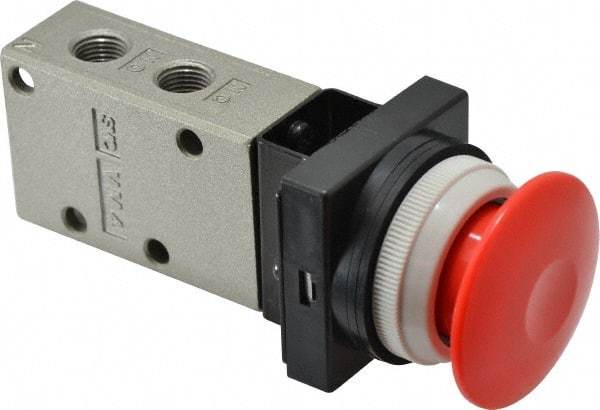 SMC PNEUMATICS - 0.38 CV Rate, 1/4" NPT Inlet Mechanical Valve - 3 Way, 3 Ports, Push Button Mushroom - USA Tool & Supply