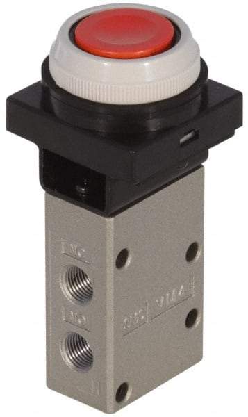 SMC PNEUMATICS - 0.38 CV Rate, 1/4" NPT Inlet Mechanical Valve - 3 Way, 3 Ports, Push Button Flush - USA Tool & Supply