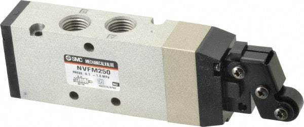 SMC PNEUMATICS - 1.00 CV Rate, 1/4" NPT Inlet Mechanical Valve - 4 Way, 5 Ports, Roller Lever - USA Tool & Supply