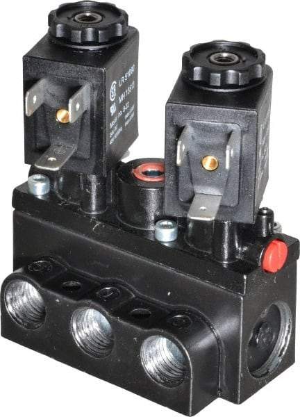 ARO/Ingersoll-Rand - 1/4" Inlet x 1/4" Outlet, Solenoid Actuator, Solenoid Return, 3 Position, Body Ported Solenoid Air Valve - 24 VDC Input, 32 CFM, 0.9 CV, 4 Way, 150 psi, 2-15/16" Long x 1-15/16" Wide x 1-13/16" High, 0 to 180°F - USA Tool & Supply