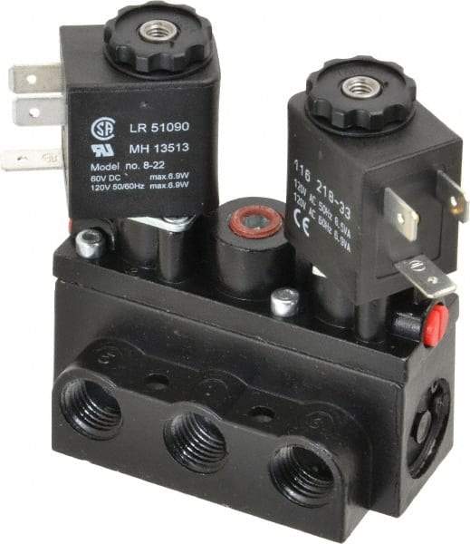 ARO/Ingersoll-Rand - 1/4" Inlet x 1/4" Outlet, Solenoid Actuator, Solenoid Return, 3 Position, Body Ported Solenoid Air Valve - 120 VAC Input, 32 CFM, 0.9 CV, 4 Way, 150 psi, 2-15/16" Long x 1-15/16" Wide x 1-13/16" High, 0 to 180°F - USA Tool & Supply
