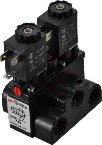 ARO/Ingersoll-Rand - 3/8" Inlet x 3/8" Outlet, Solenoid Actuator, Solenoid Return, 2 Position, Body Ported Solenoid Air Valve - 24 VDC Input, 63 CFM, 1.7 CV, 4 Way, 150 psi, 4" Long x '2-1/2" Wide x 3-5/8" High, 0 to 180°F - USA Tool & Supply