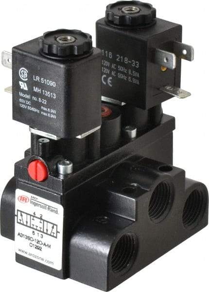 ARO/Ingersoll-Rand - 3/8" Inlet x 3/8" Outlet, Solenoid Actuator, Solenoid Return, 3 Position, Body Ported Solenoid Air Valve - 120 VAC Input, 63 CFM, 1.7 CV, 4 Way, 150 psi, 4" Long x '2-1/2" Wide x 3-5/8" High, 0 to 180°F - USA Tool & Supply