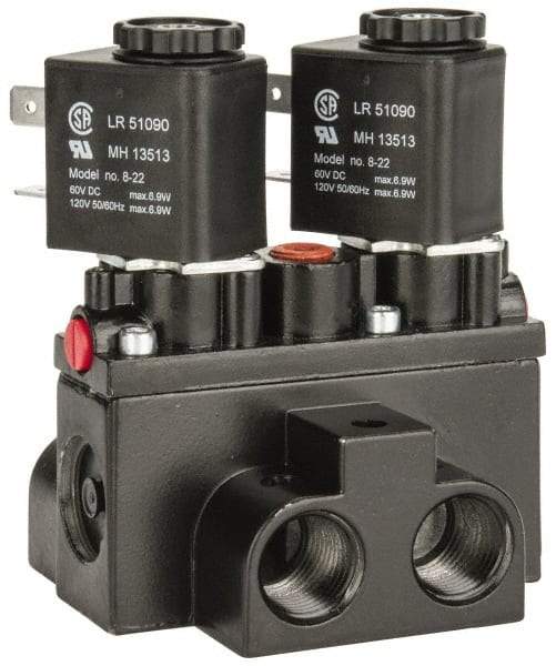 ARO/Ingersoll-Rand - 3/8" Inlet x 3/8" Outlet, Solenoid Actuator, Solenoid Return, 3 Position, Body Ported Solenoid Air Valve - 120 VAC Input, 63 CFM, 1.7 CV, 4 Way, 150 psi, 4" Long x '2-1/2" Wide x 3-5/8" High, 0 to 180°F - USA Tool & Supply