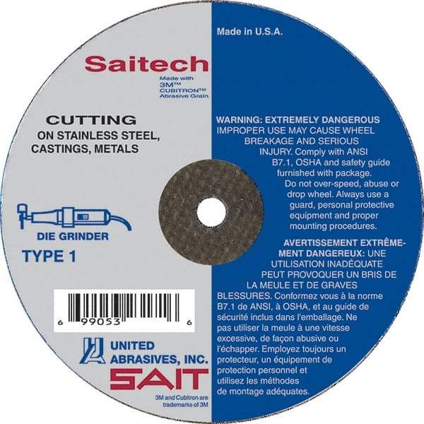 Sait - 3" Aluminum Oxide Cutoff Wheel - 0.035" Thick, 3/8" Arbor, 25,000 Max RPM, Use with Die Grinders - USA Tool & Supply