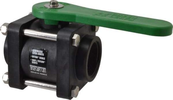 Green Leaf - 1-1/2" Pipe, Standard Port, Polypropylene Standard Ball Valve - 3 Piece, Inline - One Way Flow, FNPT x FNPT Ends, Lever Handle, 150 WOG - USA Tool & Supply