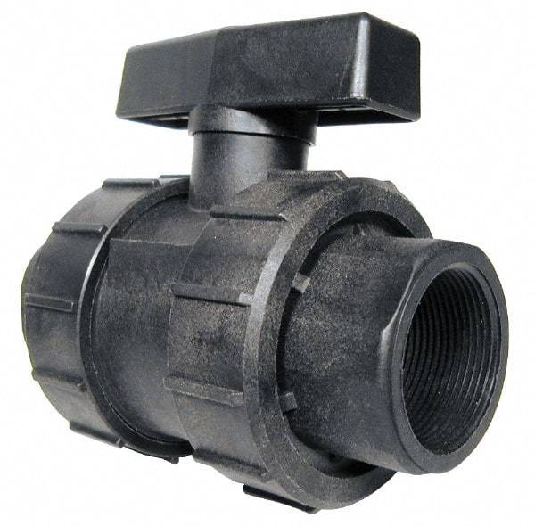 Green Leaf - 1-1/4" Pipe, Full Port, Polypropylene True Union Design Ball Valve - Inline - One Way Flow, FNPT x FNPT Ends, Tee Handle, 125 WOG - USA Tool & Supply