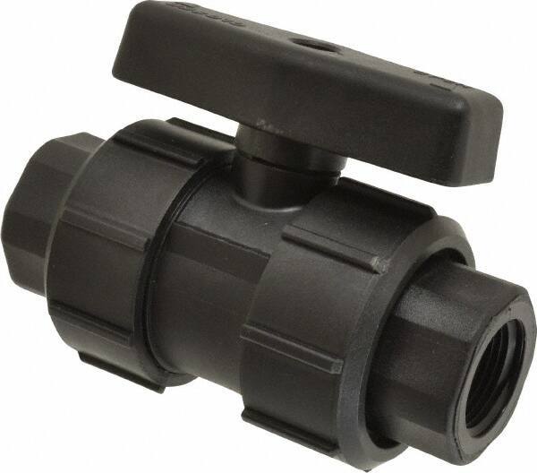Green Leaf - 3/4" Pipe, Full Port, Polypropylene True Union Design Ball Valve - Inline - One Way Flow, FNPT x FNPT Ends, Tee Handle, 125 WOG - USA Tool & Supply