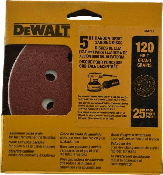 DeWALT - 5" Diam, 120 Grit, Aluminum Oxide Hook & Loop Disc - Fine Grade, Coated, Paper Backing, - USA Tool & Supply