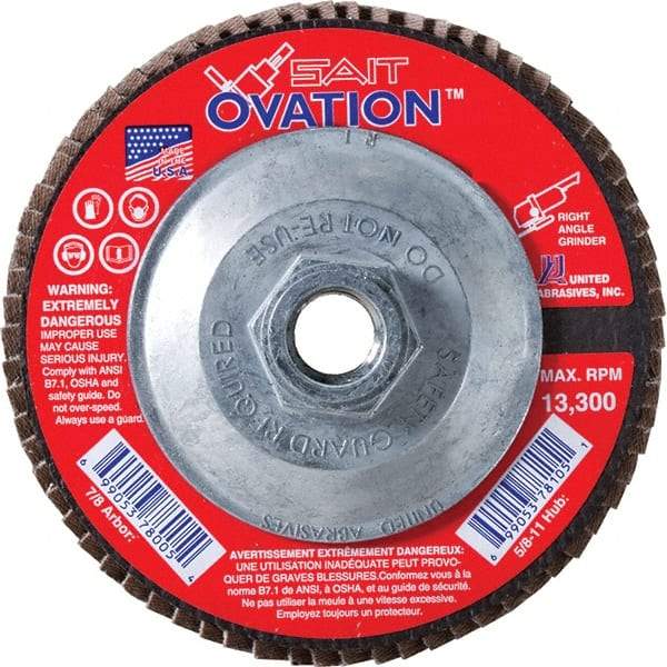 Sait - 60 Grit, 4-1/2" Disc Diam, 5/8-11 Center Hole, Type 27 Zirconia Alumina Flap Disc - 13,300 Max RPM, Fiberglass Backing, Arbor Attaching System, Coated - USA Tool & Supply
