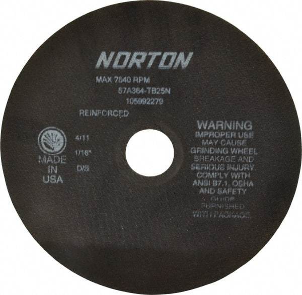 Norton - 8" 36 Grit Aluminum Oxide Cutoff Wheel - 1/16" Thick, 1-1/4" Arbor, 7,640 Max RPM, Use with Stationary Grinders - USA Tool & Supply