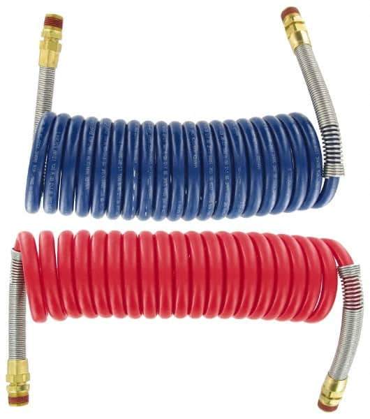 Parker - 3/8" ID, 1/2 x 1/2 Thread, 15' Long, (1) Red & (1) Blue SAE J844 Type B Nylon Coiled & Self Storing Hose - 150 Max psi, Parker NTA Brass Fittings - USA Tool & Supply
