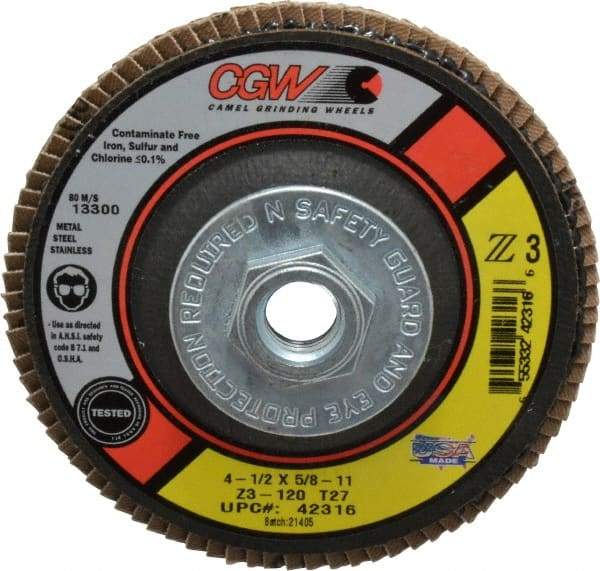 Camel Grinding Wheels - 120 Grit, 4-1/2" Disc Diam, 5/8-11 Center Hole, Type 27 Zirconia Alumina Flap Disc - 13,300 Max RPM, Poly Cotton Backing, Arbor Attaching System, Coated - USA Tool & Supply