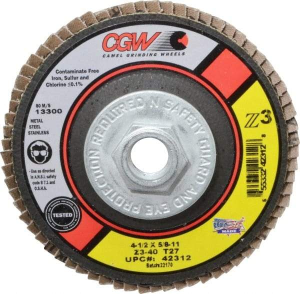 Camel Grinding Wheels - 40 Grit, 4-1/2" Disc Diam, 5/8-11 Center Hole, Type 27 Zirconia Alumina Flap Disc - 13,300 Max RPM, Poly Cotton Backing, Arbor Attaching System, Coated - USA Tool & Supply