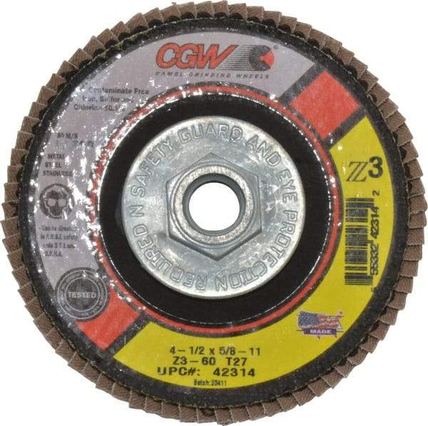 Camel Grinding Wheels - 60 Grit, 4-1/2" Disc Diam, 5/8-11 Center Hole, Type 27 Zirconia Alumina Flap Disc - 13,300 Max RPM, Poly Cotton Backing, Arbor Attaching System, Coated - USA Tool & Supply