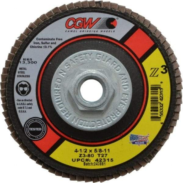 Camel Grinding Wheels - 80 Grit, 4-1/2" Disc Diam, 5/8-11 Center Hole, Type 27 Zirconia Alumina Flap Disc - 13,300 Max RPM, Poly Cotton Backing, Arbor Attaching System, Coated - USA Tool & Supply