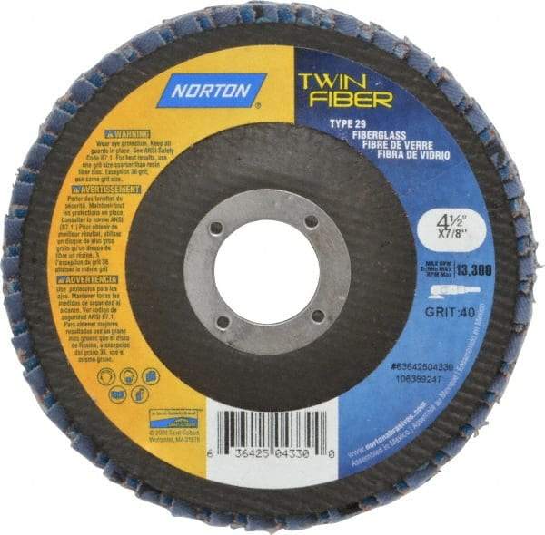 Norton - 40 Grit, 4-1/2" Disc Diam, 7/8" Center Hole, Type 29 Ceramic Flap Disc - 13,000 Max RPM, Fiberglass Backing, Arbor Attaching System, Coated - USA Tool & Supply