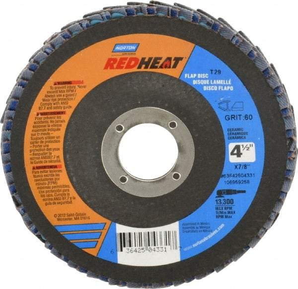 Norton - 60 Grit, 4-1/2" Disc Diam, 7/8" Center Hole, Type 29 Ceramic Flap Disc - 13,000 Max RPM, Fiberglass Backing, Arbor Attaching System, Coated - USA Tool & Supply