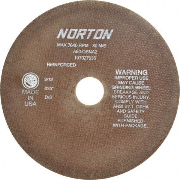 Norton - 8" 60 Grit Aluminum Oxide Cutoff Wheel - 0.035" Thick, 1-1/4" Arbor, 7,640 Max RPM, Use with Stationary Grinders - USA Tool & Supply