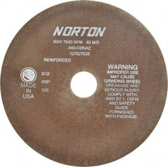 Norton - 8" 60 Grit Aluminum Oxide Cutoff Wheel - 0.035" Thick, 1-1/4" Arbor, 7,640 Max RPM, Use with Stationary Grinders - USA Tool & Supply