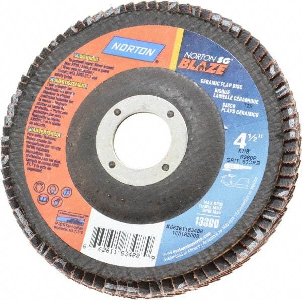 Norton - 60 Grit, 4-1/2" Disc Diam, 7/8" Center Hole, Type 29 Ceramic Flap Disc - 13,000 Max RPM, Fiberglass Backing, Arbor Attaching System, Coated - USA Tool & Supply