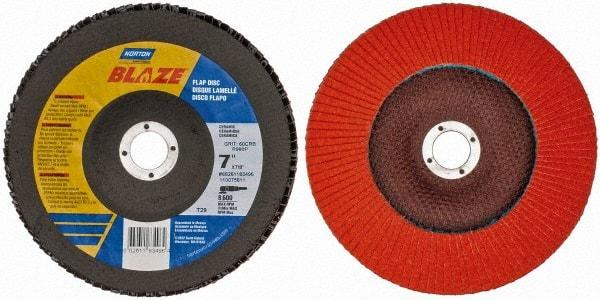 Norton - 60 Grit, 7" Disc Diam, 7/8" Center Hole, Type 29 Ceramic Flap Disc - 8,500 Max RPM, Fiberglass Backing, Arbor Attaching System, Coated - USA Tool & Supply