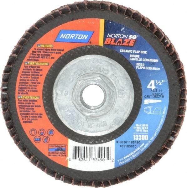 Norton - 40 Grit, 5" Disc Diam, Type 29 Flap Disc - Fiberglass Backing, Arbor Attaching System - USA Tool & Supply