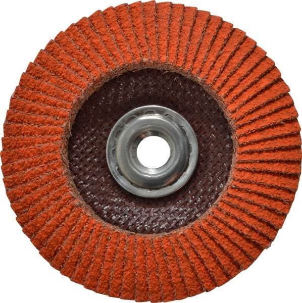 Norton - 40 Grit, 4-1/2" Disc Diam, 5/8-11 Center Hole, Type 29 Ceramic Flap Disc - 13,000 Max RPM, Fiberglass Backing, Arbor Attaching System, Coated - USA Tool & Supply
