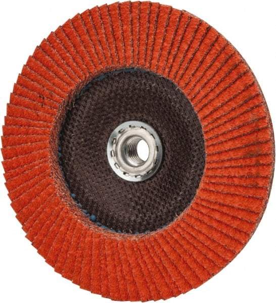 Norton - 40 Grit, 7" Disc Diam, 5/8-11 Center Hole, Type 29 Ceramic Flap Disc - 8,500 Max RPM, Fiberglass Backing, Arbor Attaching System, Coated - USA Tool & Supply