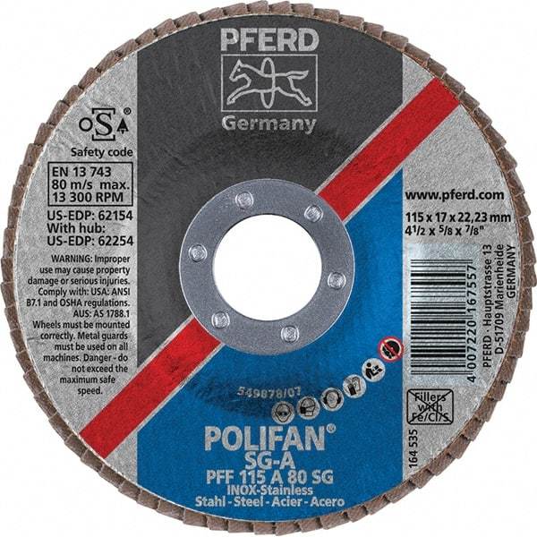 PFERD - 80 Grit, 4-1/2" Disc Diam, 7/8" Center Hole, Type 27 Aluminum Oxide Flap Disc - 13,300 Max RPM, Fiberglass Backing, Arbor Attaching System, Coated - USA Tool & Supply