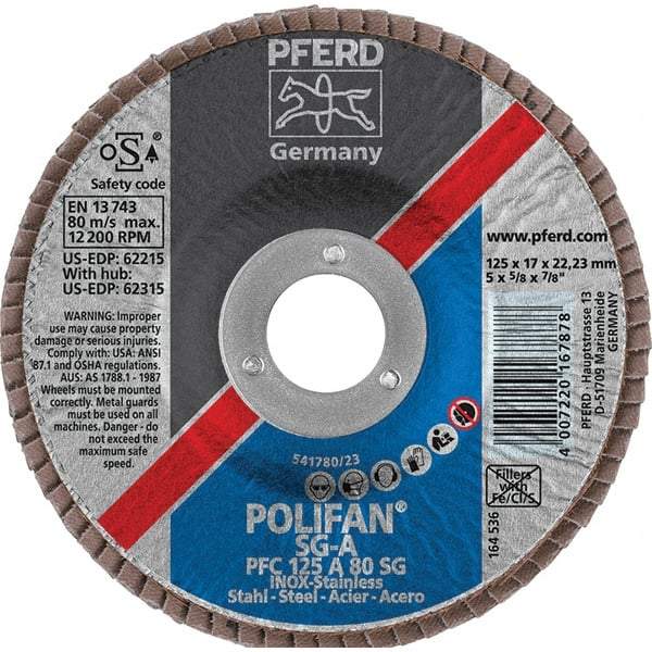 PFERD - 80 Grit, 5" Disc Diam, 7/8" Center Hole, Type 29 Aluminum Oxide Flap Disc - 12,200 Max RPM, Fiberglass Backing, Arbor Attaching System, Coated - USA Tool & Supply