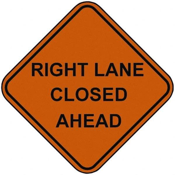 PRO-SAFE - "Right Lane Closed Ahead", 48" Wide x 48" High, Nylon Construction Roadway Signs - Orange, Square, Sign Stand Mount - USA Tool & Supply