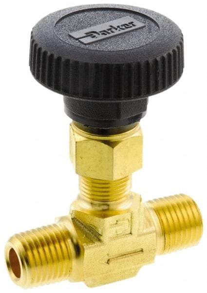 Parker - 3,000 Max psi, 3/8" Pipe, Brass, Inline Instrumentation Needle Valve - MNPT x MNPT End Connections - USA Tool & Supply