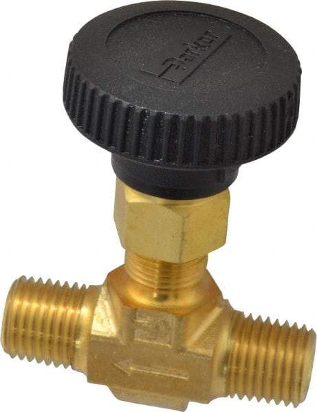 Parker - 3,000 Max psi, 1/4" Pipe, Brass, Inline Instrumentation Needle Valve - MNPT x MNPT End Connections - USA Tool & Supply
