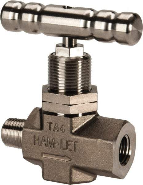 Ham-Let - 5,000 Max psi, 1/4" Pipe, 316 Grade Stainless Steel, Inline Soft Seat Instrumentation Needle Valve - MNPT x FNPT End Connections, Swaglok SS-1KM4-F4-SH - USA Tool & Supply