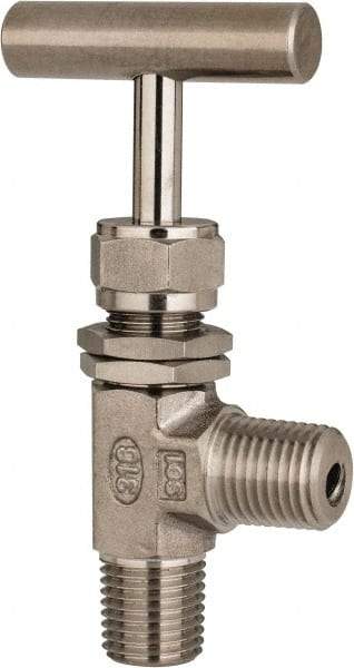 Ham-Let - 5,000 Max psi, 1/4" Pipe, 316 Grade Stainless Steel, Angled Instrumentation Needle Valve - MNPT x MNPT End Connections, Swaglok SS-1RM4-A - USA Tool & Supply