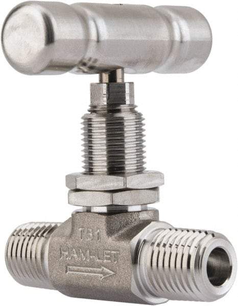 Ham-Let - 5,000 Max psi, 1/4" Pipe, 316 Grade Stainless Steel, Inline Stem Vee Instrumentation Needle Valve - MNPT x MNPT End Connections, Swaglok SS-1VM4-SH - USA Tool & Supply