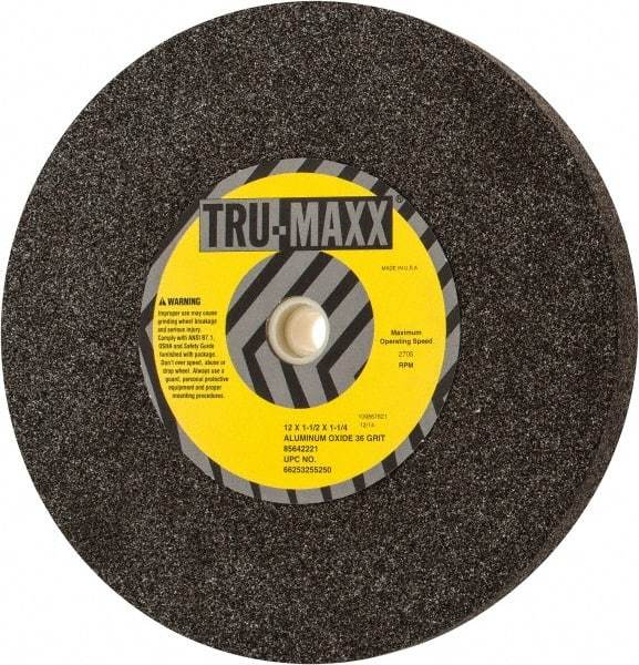 Tru-Maxx - 36 Grit Aluminum Oxide Bench & Pedestal Grinding Wheel - 12" Diam x 1-1/4" Hole x 1-1/2" Thick, 2705 Max RPM, P Hardness, Very Coarse Grade , Vitrified Bond - USA Tool & Supply