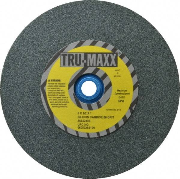 Tru-Maxx - 80 Grit Silicon Carbide Bench & Pedestal Grinding Wheel - 6" Diam x 1" Hole x 1/2" Thick, 5410 Max RPM, K Hardness, Medium Grade , Vitrified Bond - USA Tool & Supply