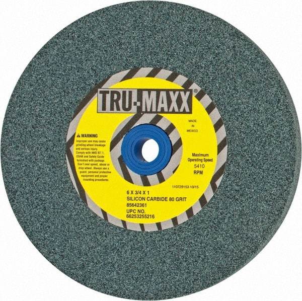 Tru-Maxx - 80 Grit Silicon Carbide Bench & Pedestal Grinding Wheel - 6" Diam x 1" Hole x 3/4" Thick, 5410 Max RPM, K Hardness, Medium Grade , Vitrified Bond - USA Tool & Supply