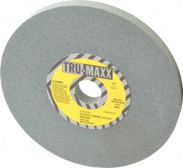Tru-Maxx - 120 Grit Silicon Carbide Bench & Pedestal Grinding Wheel - 7" Diam x 1" Hole x 1/2" Thick, 3600 Max RPM, K Hardness, Fine Grade , Vitrified Bond - USA Tool & Supply