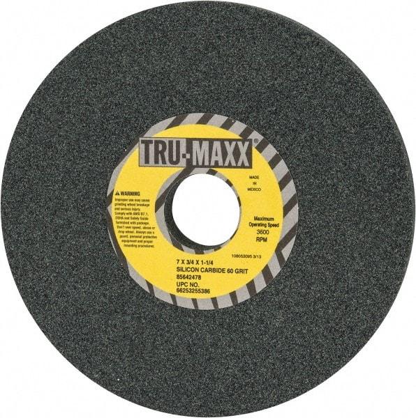 Tru-Maxx - 60 Grit Silicon Carbide Bench & Pedestal Grinding Wheel - 7" Diam x 1-1/4" Hole x 3/4" Thick, 3600 Max RPM, K Hardness, Medium Grade , Vitrified Bond - USA Tool & Supply