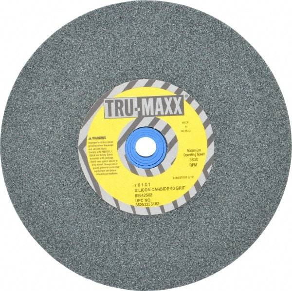 Tru-Maxx - 60 Grit Silicon Carbide Bench & Pedestal Grinding Wheel - 7" Diam x 1" Hole x 1" Thick, 3600 Max RPM, K Hardness, Medium Grade , Vitrified Bond - USA Tool & Supply