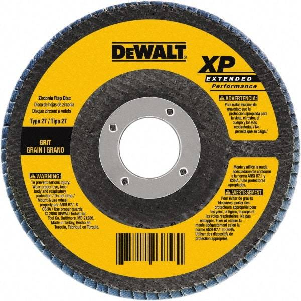 DeWALT - 120 Grit, 4-1/2" Disc Diam, 5/8-11 Center Hole, Type 29 Zirconia Alumina Flap Disc - 13,300 Max RPM, Poly Cotton Backing, Arbor Attaching System, Coated - USA Tool & Supply