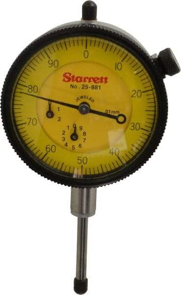 Starrett - 25mm Range, 0-100 Dial Reading, 0.01mm Graduation Dial Drop Indicator - 2-1/4" Dial, 1mm Range per Revolution, Revolution Counter - USA Tool & Supply