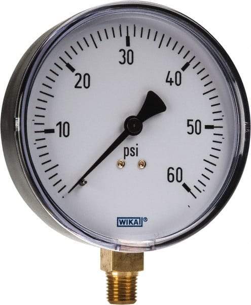 Wika - 4" Dial, 1/4 Thread, 0-60 Scale Range, Pressure Gauge - Lower Connection Mount, Accurate to 3-2-3% of Scale - USA Tool & Supply