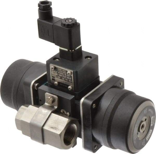 Gemini Valve - 3/4" Pipe, 720 psi WOG Rating Stainless Steel Pneumatic Spring Return with Solenoid Actuated Ball Valve - Reinforced PTFE Seal, Standard Port, Threaded (NPT) End Connection - USA Tool & Supply