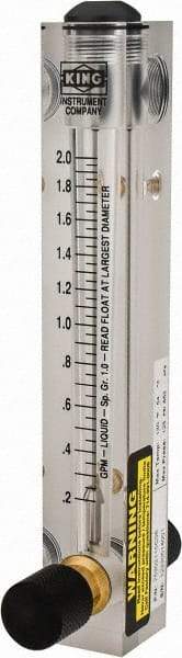 King - 1/2" M Port Block Style Panel Mount Flowmeter - 100 Max psi, 2 GPM, Acrylic - USA Tool & Supply